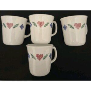 4 Corelle QUILT Coffee Cocoa Mugs Retired 1994 Corning Pattern Hearts & Diamonds